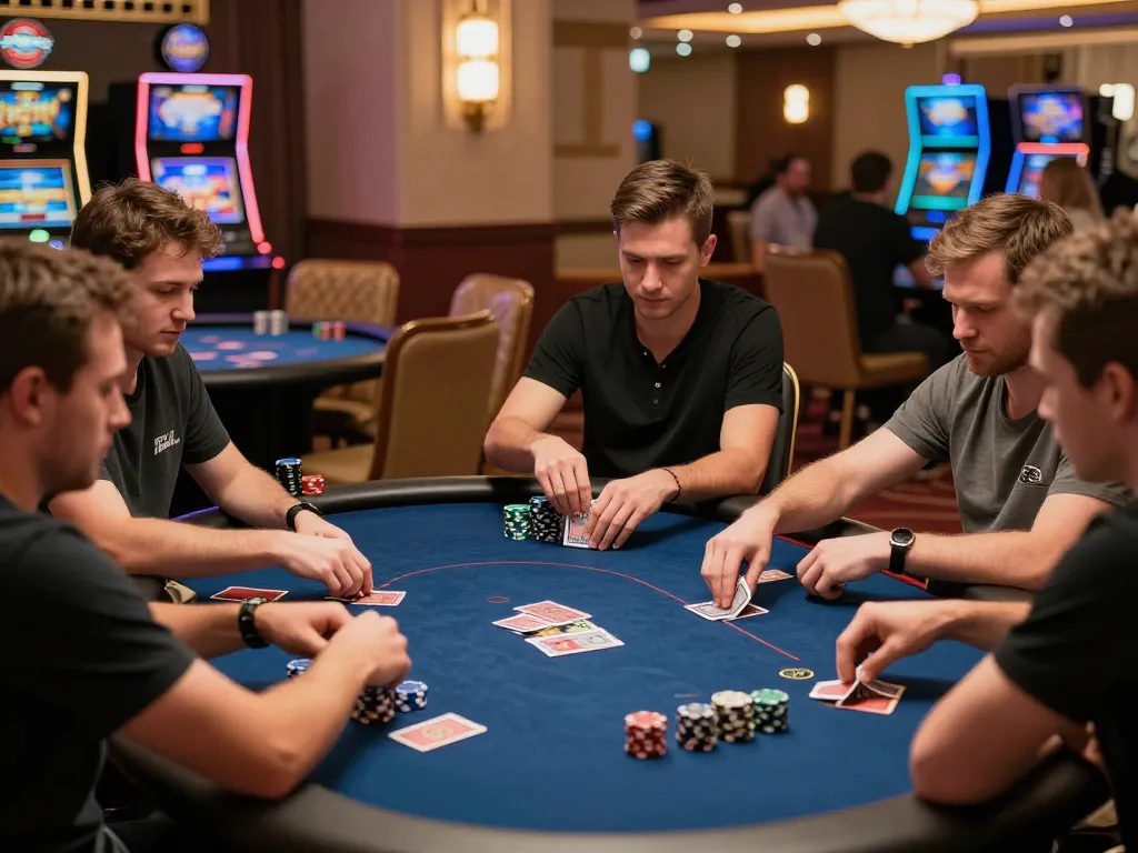 Players engage in a thrilling shbet poker game, with chips stacked and cards dealt in a luxurious casino.