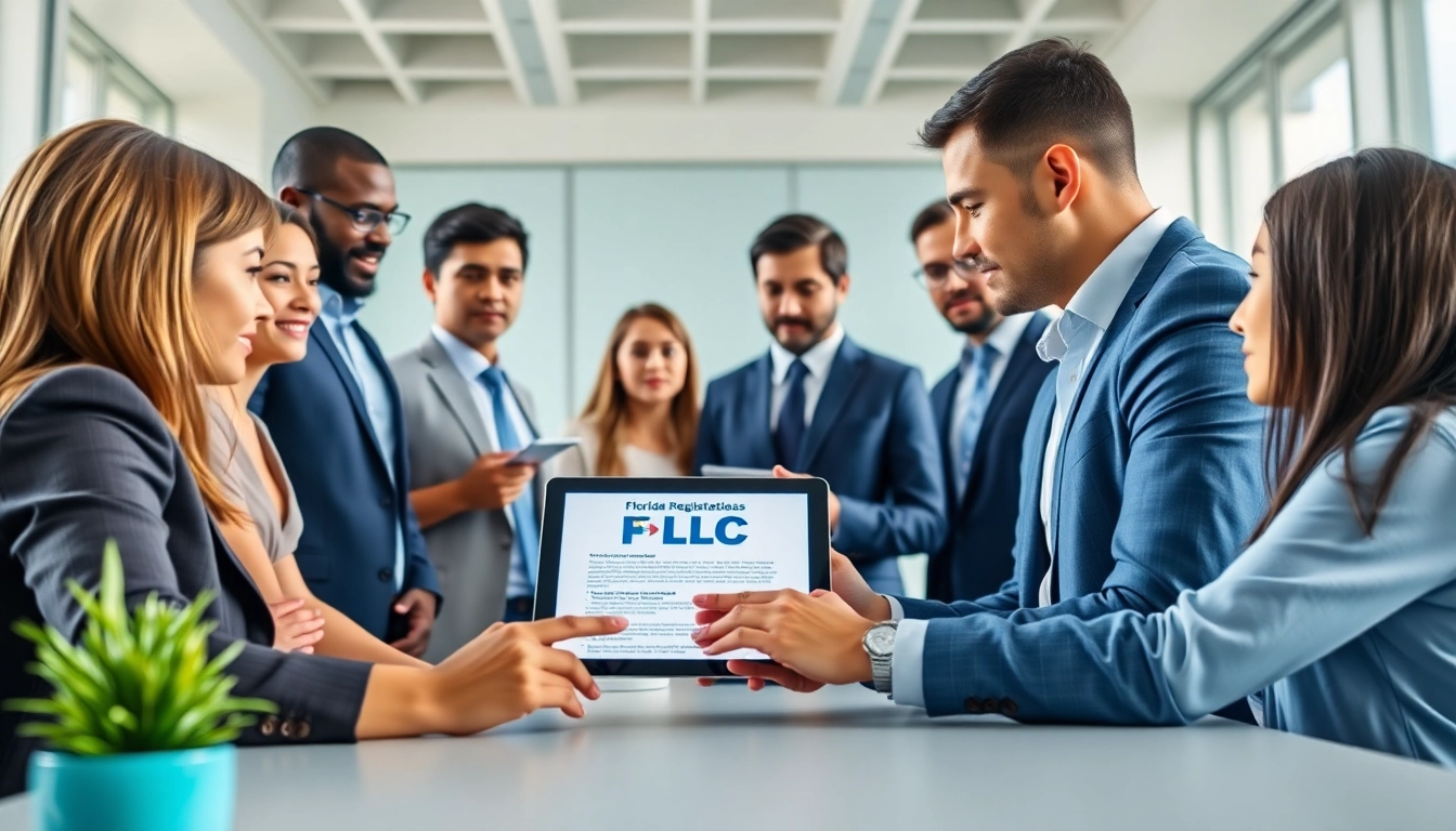 Collaborative scene depicting business professionals discussing how to register Florida LLC in a modern office.