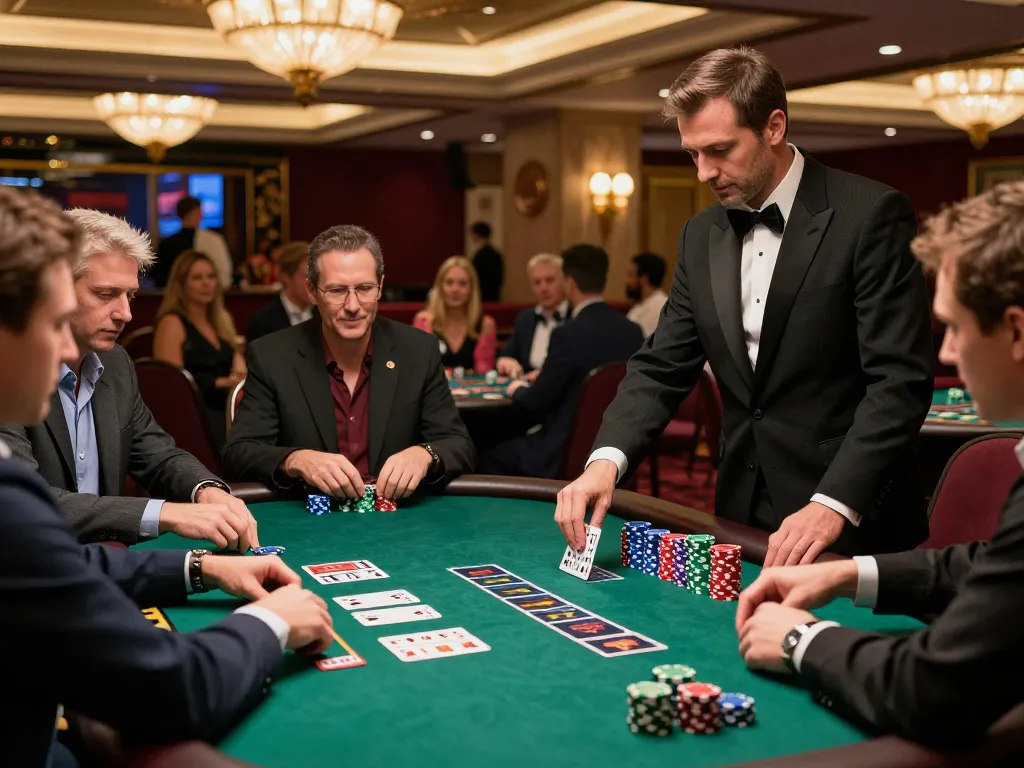 Engaging blackjack gameplay scene at upscale casino highlighting strategic decisions, aa888.