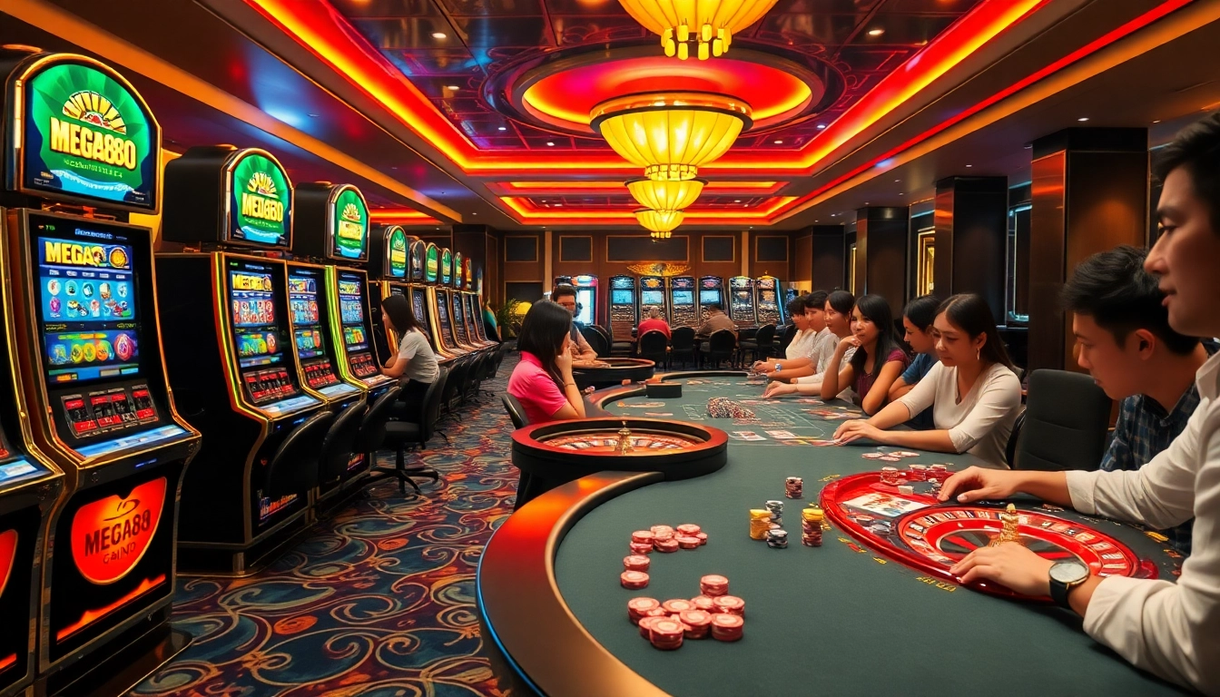 Experience the excitement of MEGA888 with vibrant slot machines and engaged players in a luxurious casino setting.