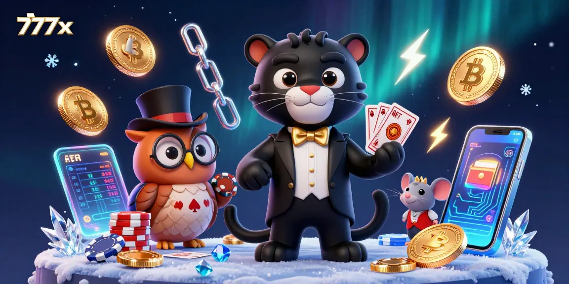 Experience winning strategies at 777x with a vibrant 3D casino scene featuring a stylish black panther and crypto elements.