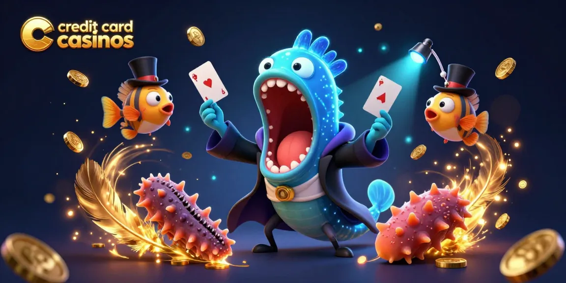 Engaging illustration showcasing credit card casinos with animated characters performing magic tricks surrounded by dynamic gambling elements.