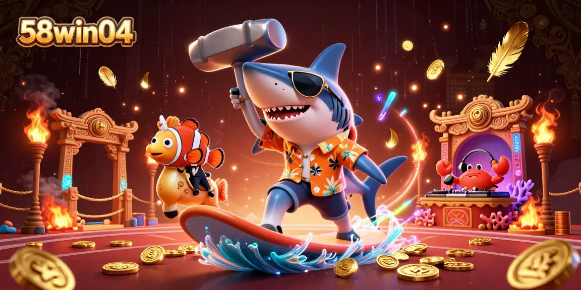 Engage in thrilling casino adventures at 58win04 with vibrant characters and golden prize elements.