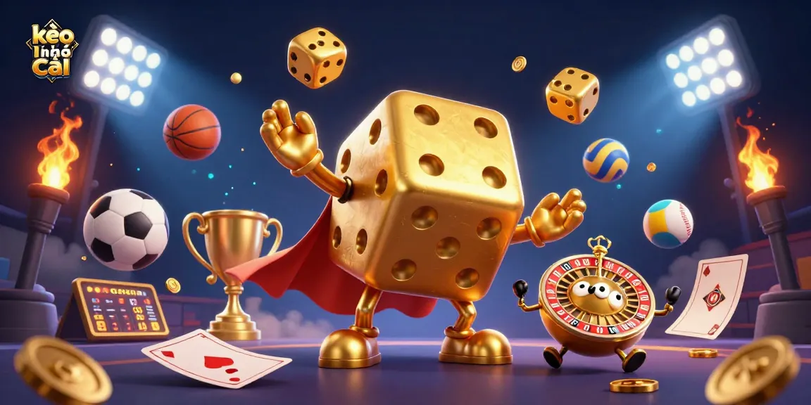Engage with the vibrant action of kèo nhà cái featuring a lively golden dice golem amidst sports elements and betting excitement.