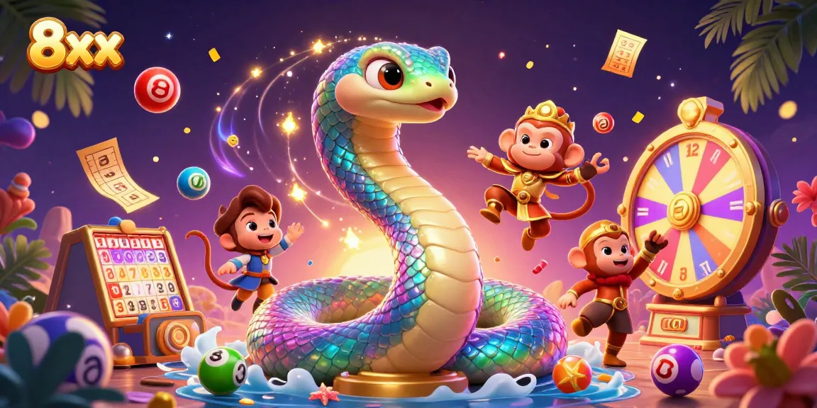 Experience casino magic with 8xx's vibrant rainbow serpent and playful characters amidst dynamic lottery elements.