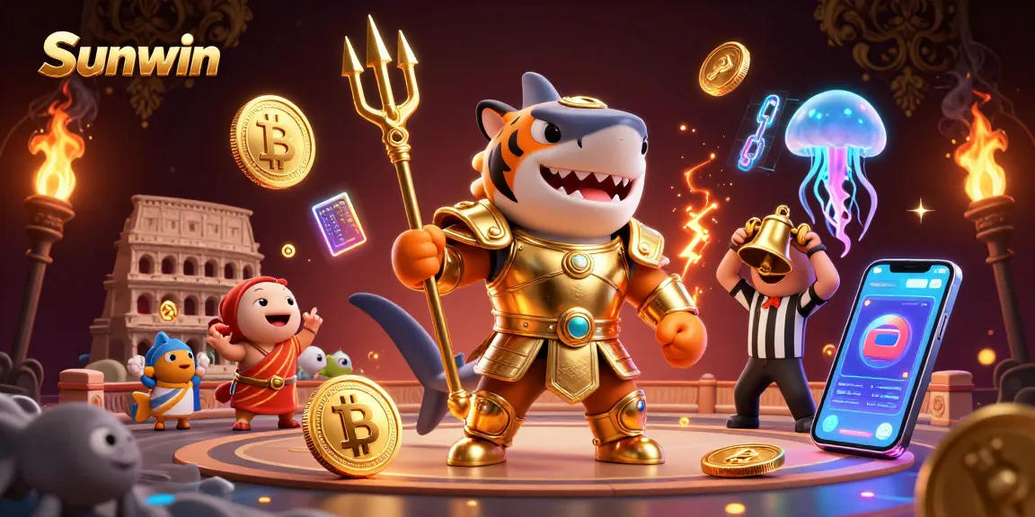 Sunwin casino environment showcases a trident-wielding shark gladiator in an underwater arena, full of vibrant game elements.