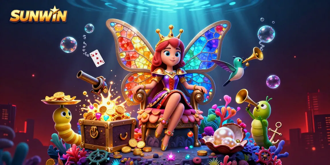 SUNWIN delights players with a vibrant 3D illustration showcasing a butterfly queen amidst colorful gems, chips, and playing cards.