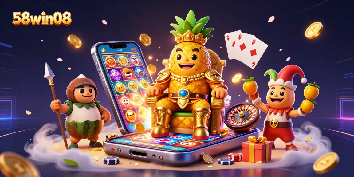 Experience the thrill of gambling with the vibrant 58win08 casino scene featuring a golden pineapple king.