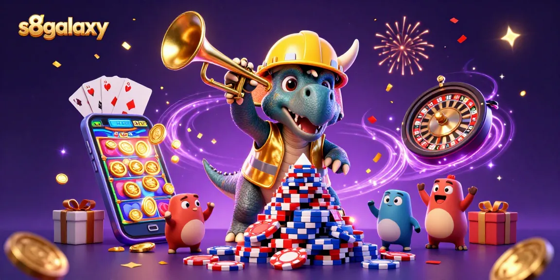 s8galaxy celebrates with animated characters building poker chip towers in a vibrant casino scene
