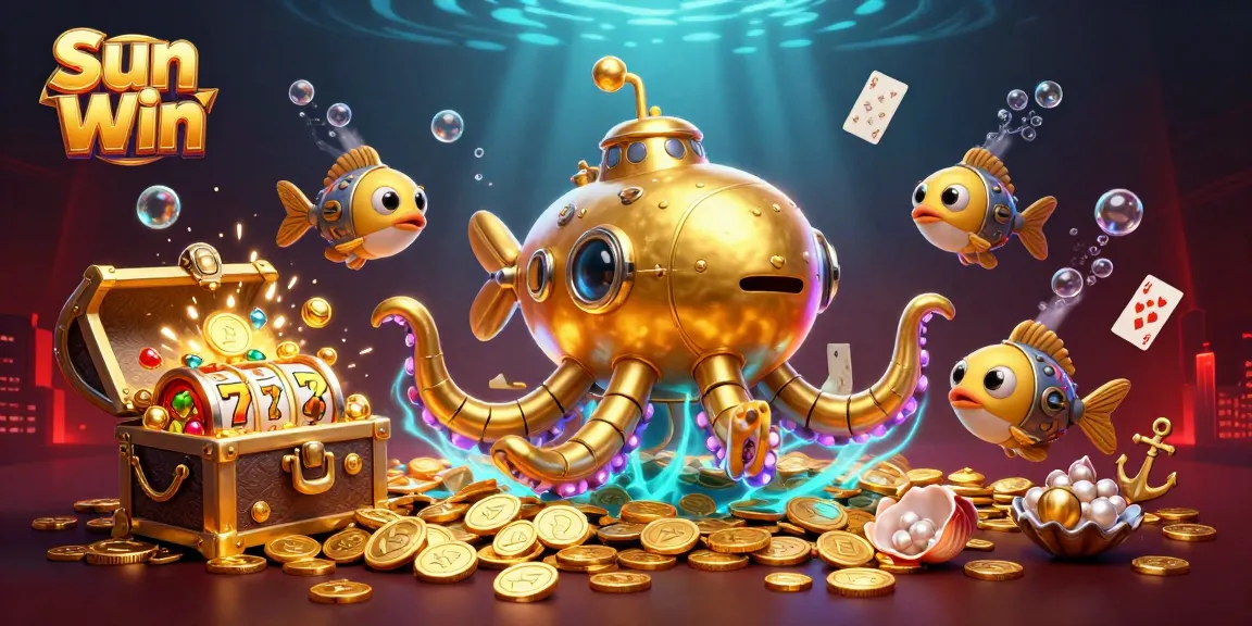 Experience the thrill of Sun Win with a dynamic underwater casino scene featuring a golden kraken and mechanical fish.