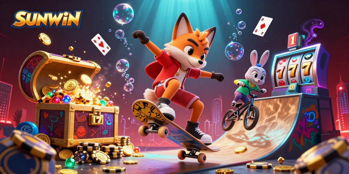 SUNWIN offers thrilling gaming with a fox doing tricks over poker chip ramps and slot elements.