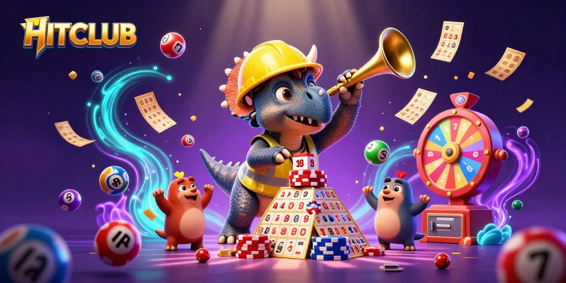 HITCLUB showcases a vibrant gambling scene with characters building poker chips.
