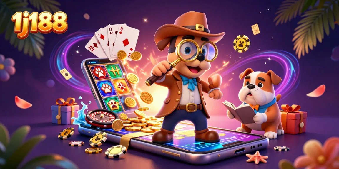 Experience the thrill of 1j188 casino gaming with cartoon characters investigating poker clues and vibrant slot games.