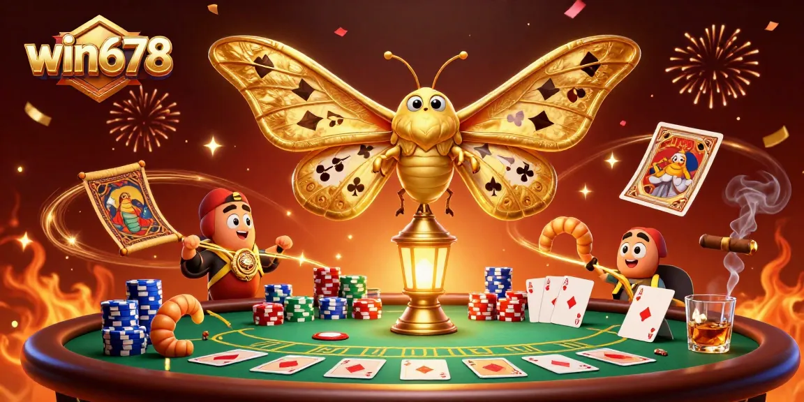 Win678 captivates players with a vibrant poker scene illustrated by a golden atlas moth and lavish casino elements.