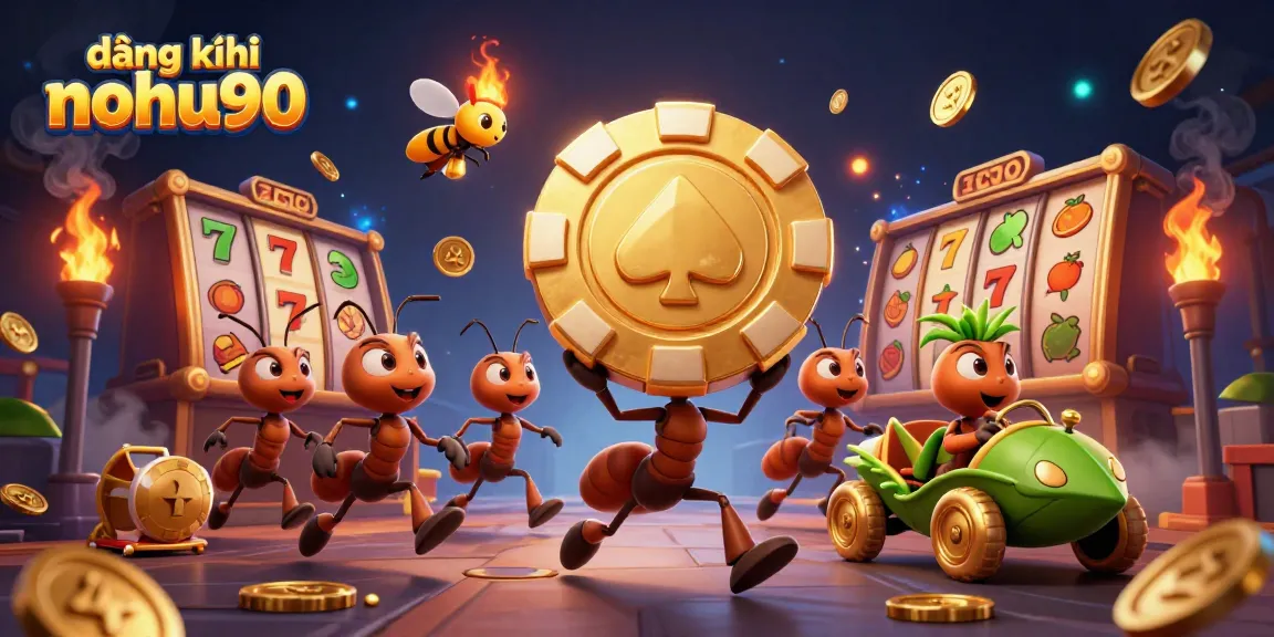Engage with the exciting world of đăng ký nohu90, featuring a vibrant 3D scene of playful ants and gaming symbols.