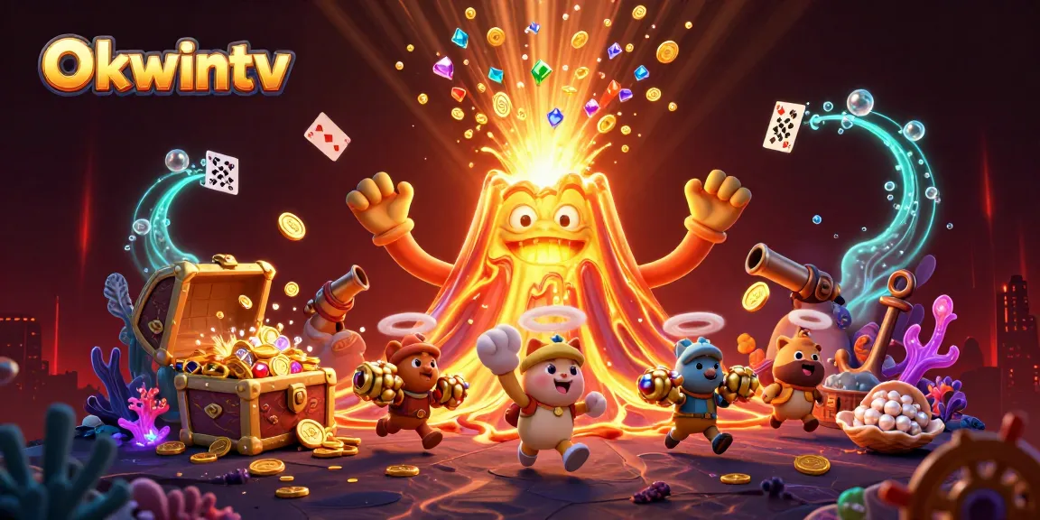 Engage with Okwintv's vibrant scene of a golden volcano erupting treasures amidst lively gameplay.