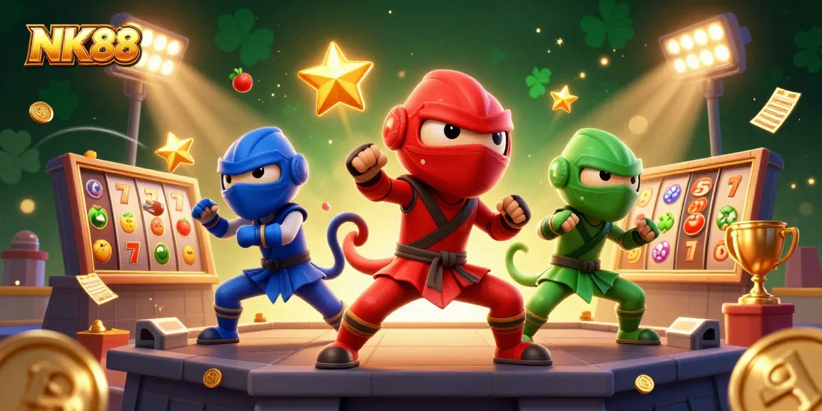 NK88 team of chameleon ninjas showcases slot gaming excitement with golden trophies and vivid visuals.