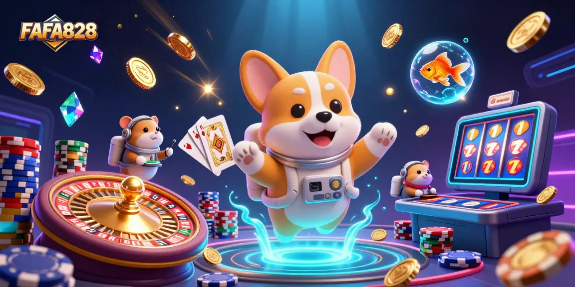 FAFA828 offers thrilling gaming experiences with a vibrant 3D casino scene featuring floating characters and slot machines.