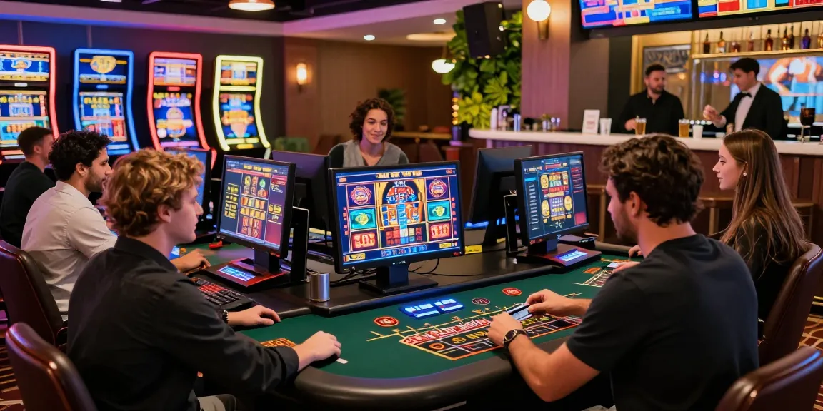 Exciting scene at credit card casinos showing players engaged at live dealer and slot stations in a vibrant gaming environment.