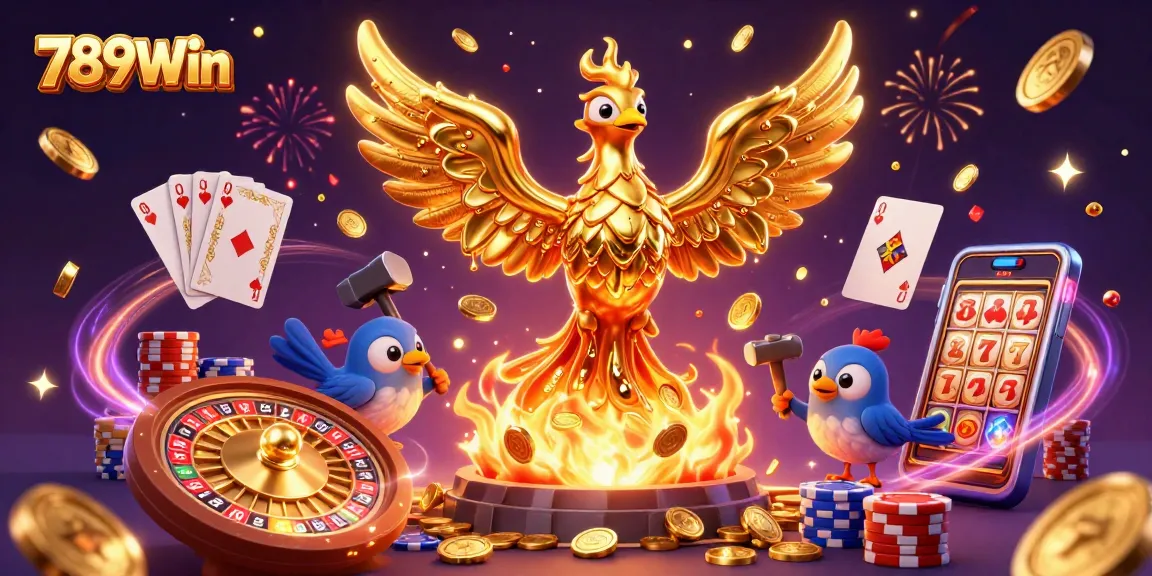 Experience the thrill of 789Win with a golden phoenix and vibrant casino elements bursting with excitement.