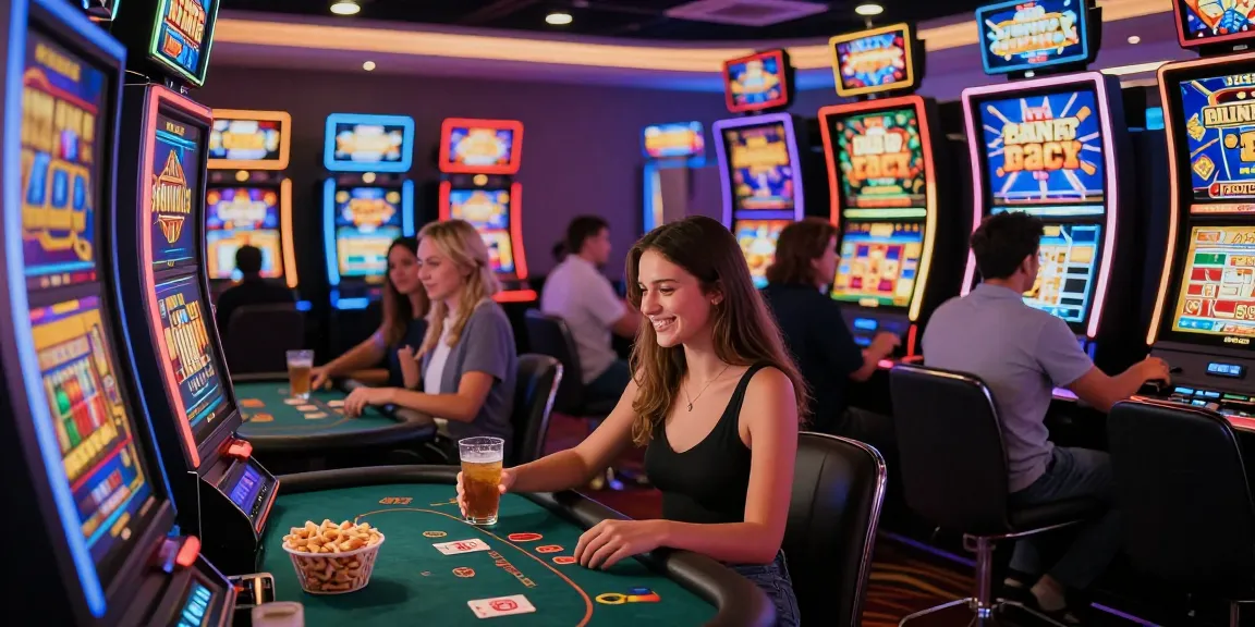 Exciting scene of players at non UK casinos for UK players, celebrating wins at diverse gaming tables and vibrant slot machines.