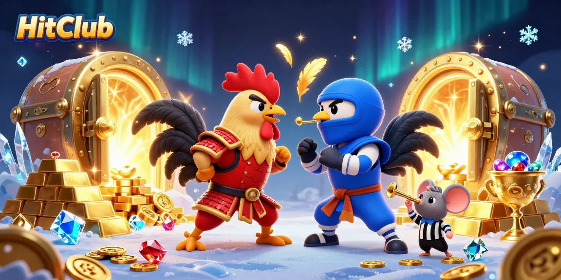 HitClub features two fighting roosters in dramatic standoff among treasures, redefining online gaming excitement.