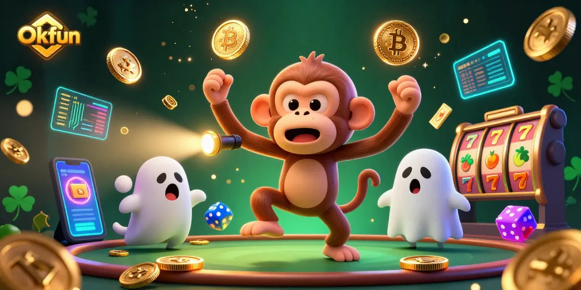 Engage with Okfun in a vibrant haunted casino scene featuring whimsical characters and glowing crypto elements.